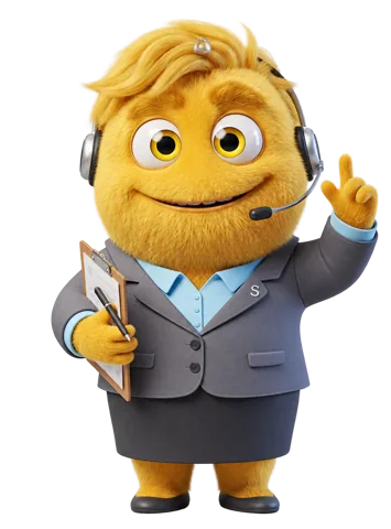 Bia, mascote amarela com headset e prancheta