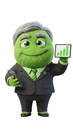 Finn, mascote verde de terno segurando um gráfico