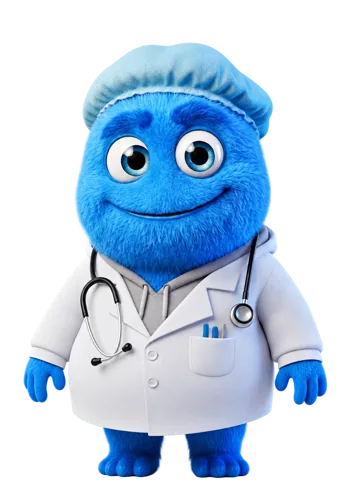 Otto, mascote azul de jaleco e estetoscópio