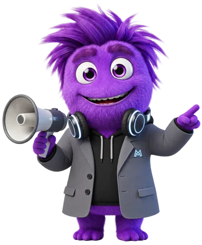 Rafa, mascote roxo com megafone
